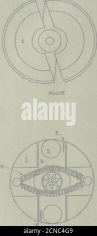 . Betrieb und Einstellungen des automatischen Dreidrahttelefons. Abb. 1^ Governor Assembly.:L-Gov&rnor Disk. ^.-Gov&lt;z,rnor Sprtn^^ z.- Ljtik -Kiv&lt;^t, -5.- Welle. 3 - Gov. S&lt;&^fne.IITs. (o,- D/^k-Link... -^ZX ^o Na 34^ o S . JC: -27- in näher, wodurch eine höhere Geschwindigkeit, während die Verlängerung derprings ermöglichen die Scheiben weiter ausschwingen, wodurch die Geschwindigkeit zu verringern. Die Halbscheiben sind auf der Rahmenseite des Gouvernors gerillt. Diese Rillen passen auf einen kreisförmigen rira, der am Rahmen befestigt ist. 7Hm der Regler eine zu hohe Geschwindigkeit erreicht, kommen die Rillen mit dem in Kontakt Stockfoto