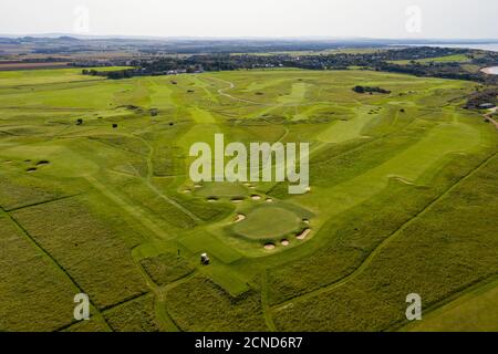 Luftaufnahme des Muirfield Golfplatzes, Gullane, East Lothian, Schottland. Stockfoto