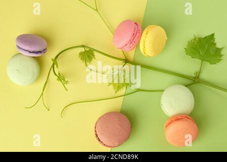 Runde mehrfarbige gebackene Macarons, Draufsicht Stockfoto