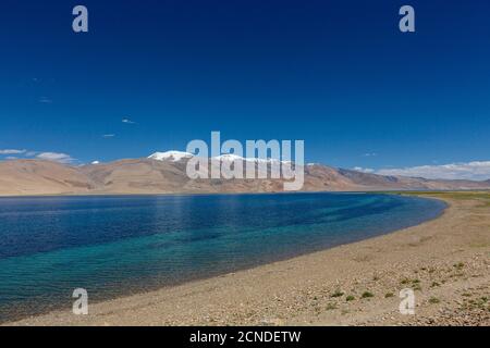Sonniger Tag in Tso Kar oder Tsho kar, Ladakh, Indien. Kleinste der drei Höhenlagen Seen von Ladakh, in einer Höhe von 15,280 ft Stockfoto