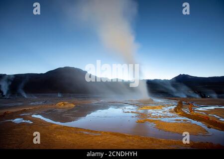 Licht vor der Morgendämmerung auf den Geysiren del Tatio (El Tatio), dem drittgrößten Geysir-Feld der Welt, Anden-Zentralvulkangebiet, Region Antofagasta Stockfoto