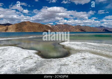 Salzbildung am Ufer des Pangong-Sees, Ladakh, Indien. Armyman am Pangong See, Ladakh, Indien. Pangong TSO ist ein endorheischer See im Himalaya Stockfoto