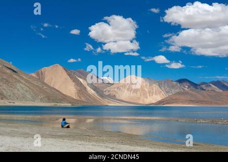 Tourist am Pangong See, Ladakh, Indien. Pangong Tso ist ein endorheic See im Himalaya auf einer Höhe von 4,225 m Stockfoto