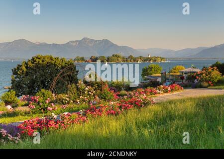 Blick auf die Fraueninsel bei Sonnenuntergang, Gstadt am Chiemsee, Chiemsee, Oberbayern, Deutschland, Europa Stockfoto