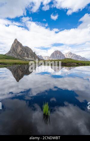 Die Berge RA Gusela und Tofane spiegeln sich im Wasser, Giau Pass, Dolomiten, Provinz Belluno, Venetien, Italien, Europa Stockfoto