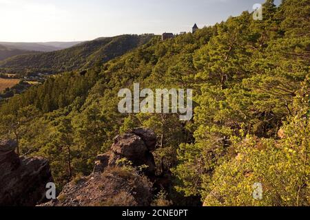 Blick vom roten Sandsteinfelsen Effles auf Schloss Nideggen, Nideggen, Eifel, Deutschland, Europa Stockfoto