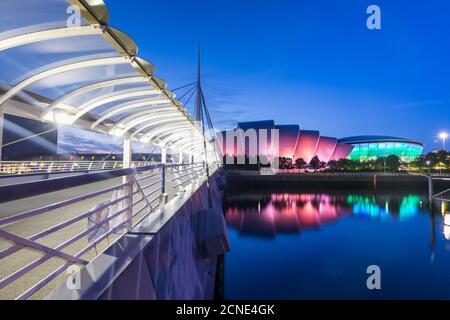 Bell's Bridge, die Armadillo, die SSE Hydro und der Fluss Clyde, Pacific Quay, Glasgow, Schottland, Großbritannien, Europa Stockfoto