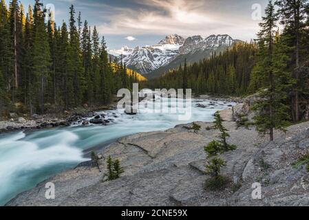 Mistaya Canyon Wasserfälle bei Sonnenuntergang mit Abendlicht und Mount Sarbach, Banff National Park, Alberta, Canadian Rockies, Kanada Stockfoto