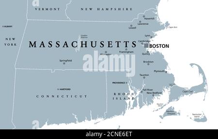 Massachusetts, graue politische Karte, mit Hauptstadt Boston. Commonwealth of Massachusetts, MA. Bevölkerungsreichste Staat in der Region New England der USA. Stockfoto