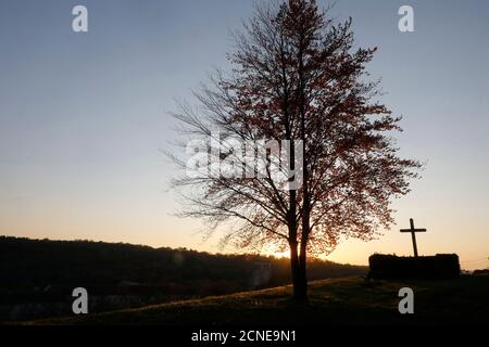 Baum und Kreuz in der Abenddämmerung bei Le Bec Hellouin, Eure, Normandie, Frankreich, Europa Stockfoto