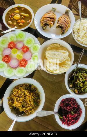 Typische keralanische Mahlzeit auf Backwater Hausboot, Reis, Bohnen, Kohl, Curry, Papad, gebratenen Fisch, Alappuzha (Alleppey), Kerala, Indien, Asien Stockfoto