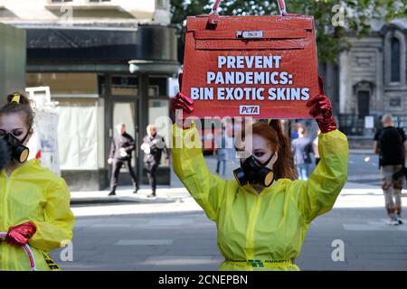 Strand, London, Großbritannien. September 2020. PETA inszeniert auf der London Fashion Week einen Protest gegen exotische Felle. Kredit: Matthew Chattle/Alamy Live Nachrichten Stockfoto