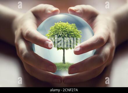 Menschliche Hände, die einen kleinen Baum halten Stockfoto