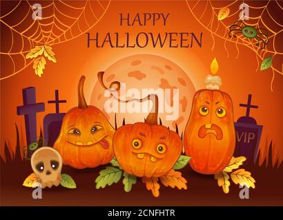 Happy Halloween Urlaub Poster. Lustige orange Kürbisse, Schädel, Spinnen auf Mondlicht Hintergrund. Konzept Trick or Treat. Handgezeichnetes Cartoon-Design Stockfoto