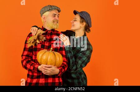 Arbeiten in Feldern. Erntefest. Bauernmarkt. Herbststimmung. Herbstsaison. Herbstlaub. Konzept der Bauernfamilie. Herbsternte funktioniert. Paar in Liebe kariert rustikalen Outfit. Retro-Style. Stockfoto