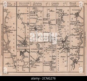 Karte der Straße Gloucester-Cheltenham-Stratford-Warwick-Coventry. BOWLES 1782 Stockfoto