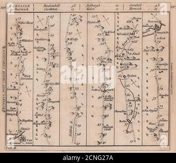 Carlisle-Jedburgh-Kelso-Berwick-upon-Tweed Road Strip map. BOWLES 1782 alt Stockfoto