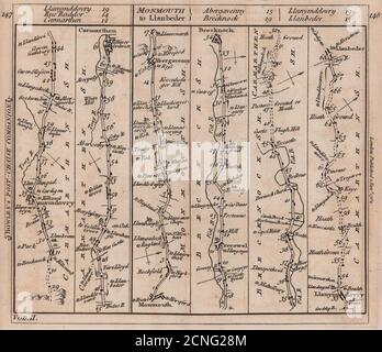 Llandovery-Carmarthen Monmouth-Abergavenny-Brecon Road Strip map BOWLES 1782 Stockfoto