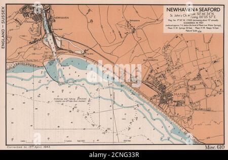 Newhaven & Seaford Stadtplan & Seeküstenkarte. Sussex. ADMIRALTY 1943 alte Karte Stockfoto