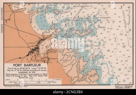 Karte der Küste von Port Barfleur. D-Day-Planungs-Plan. Manne. ADMIRALTY 1943 Stockfoto