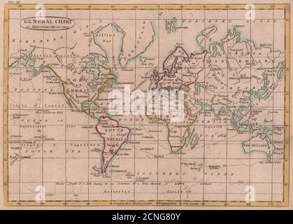 Allgemeiner Chart zur Mercators-Projektion. Welt. Kochroute. PAYNE 1798 alte Karte Stockfoto