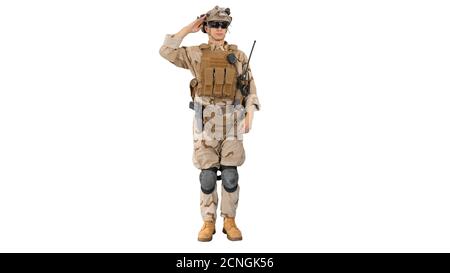 Militärsoldat in uniformierten Grüßen auf weißem Hintergrund. Stockfoto