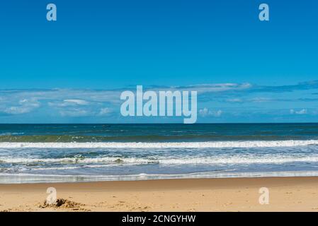An einem sonnigen Tag stürzten kleine Wellen an der Strandküste Stockfoto