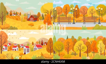 Herbstlandschaft, Dorf, Park, Bauernhof, Wald. Landhäuser mit gelben und orangen Bäumen und Bauernhöfen Stock Vektor