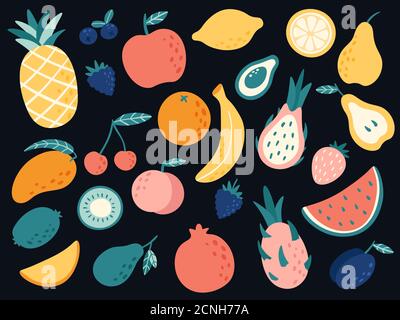 Handgezeichnete tropische Früchte. Bio-Apfel-, Bananen-, Zitronen- und Birnenscheiben, Kirsche und Mango, Wassermelone Stock Vektor