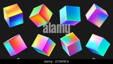 Holographisches realistisches 3D-Würfelset aus Metall. Neonfarbenes geometrisches Element in verschiedenen Positionen. Quadrat mit Farbverlauf Stock Vektor