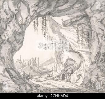 Bergige Landschaft mit Ruinen einer Burg und drei Männer in einer Höhle, gesehen durch ein Steintor, Ende des 18.-frühen 19. Jahrhunderts. Stockfoto