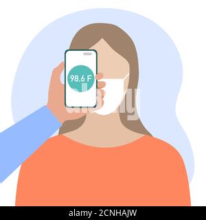 Vektor-Illustration Telefon auf der Stirn der Person platziert fernab misst Temperatur. Neue Technologie. Neue normale. Messung der menschlichen Körpertemperatur Stock Vektor