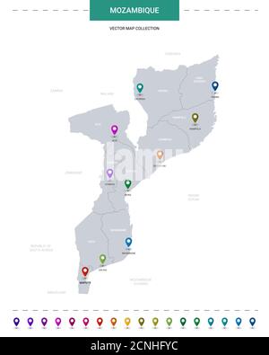 Karte von Mosambik mit Positionsmarkierungen. Infografik Vektorvorlage, isoliert auf weißem Hintergrund. Stock Vektor