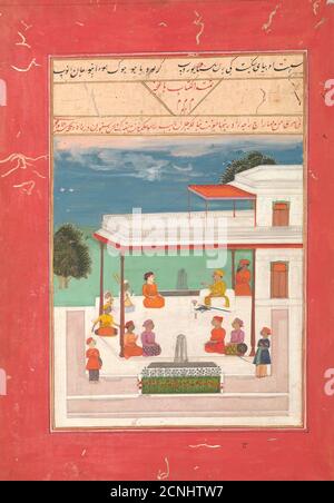 Ein Raja und ein Gast sitzen auf einer Terrasse Hören zu Musikern auftreten, Folio aus einem Manuskript des Raga Darshan von Anup, AH 1214/1799-1800 AD. Stockfoto