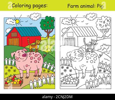 Malvorlagen mit niedlichen lächelnden Schwein und Katze auf der Farm Wiese. Cartoon Vektorgrafik. Färbung und farbige Bild von Schwein.Stock Illustration für Stock Vektor