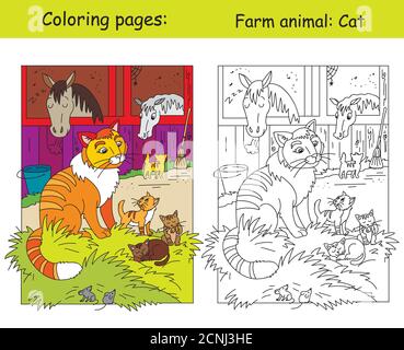 Malvorlagen und bunte Illustration mit niedlichen Katze und kleine Kätzchen auf dem Bauernhof. Cartoon Vektorgrafik. Stock Illustration für Färbung, d Stock Vektor