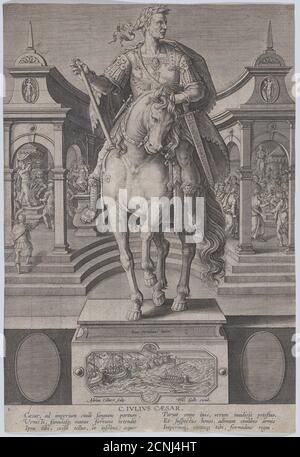 Tafel 1: Reiterstatue von Julius Caesar, von vorne gesehen, mit einer Szene einer Seeschlacht auf Sockel unten, von 'römischen Kaisern auf dem Pferderüß', ca. 1587-89. Stockfoto