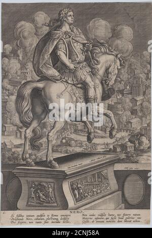 Tafel 6: Reiterstatue von Nero, von hinten gesehen, das große Feuer von Rom im Hintergrund, von 'römischen Kaisern auf dem Pferderuck', ca. 1587-89. Stockfoto