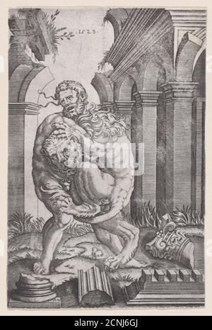 Herkules würgt den Nemean Lion, datiert 1528. Stockfoto