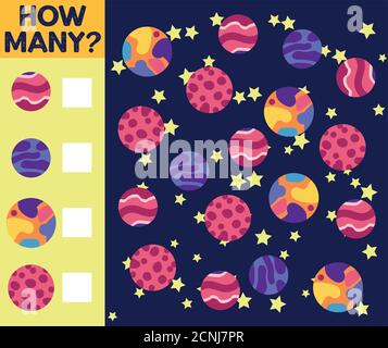Zählspiel für Vorschulkinder. Pädagogisch ein mathematisches Spiel. Zählen Sie, wie viele Raumschiffe Stock Vektor