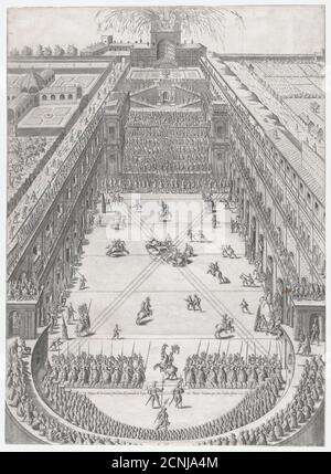 Speculum Romanae Magnificentiae: Hochzeit von Annibale Altemps und Ortensia Borromeo, Rom, 5. März 1565, 1565. [Dissigno del Torneameto fatto il lune di Carnouale in Roma nel Theatro Vaticano, per Ant. Lafreri formis 1565 - (Turnier im Vatikan). Stockfoto