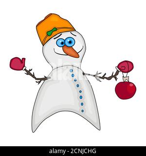 Happy Cartoon Schneemann isoliert auf weißem Hintergrund.Cute lustige Schneemann mit weihnachtsblase und ein oranger Eimer auf seinem Kopf.Stock Vektor Abbildung Stock Vektor