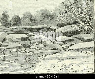 . Hier und dort in Neuengland und Kanada. / M K STÜCK UFER, SQUAM LAKE. Blieb über Asquam für den Rest ihres Lebens, finden freundlich Zuflucht inmitten der Berge, wenn die Raiding Ranger das Tal betreten. Asquam ist vierzig Fuß höher als Winnipesaukee, und ein Wasserweg läuft von letzterem, durch Blackeys Cove (nahe Center Harbor), hinauf durch LongPond und Round Pond, bis innerhalb einer Meile von Asquam. Aber diese Meile ist von einem hohen Sporn von Red Hill besetzt, und so ist es einfacher für Kanufahrer, ihre Boote mit Wagen vom Center Harbor, die Entfernung aber etwa zwei Meilen von dort Stockfoto