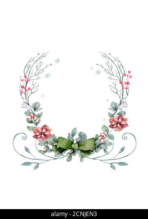 Weihnachtskranz mit Stechenzweigen isoliert auf weiß. Handgezeichnete Aquarellillustration. Stockfoto
