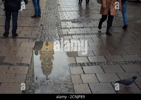 Spiegelung der Theatinerkirche in einer Pfütze, Theatine Steet, Passanten, München Stockfoto