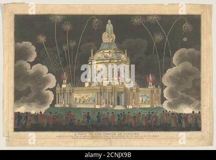 Ein Blick auf den Concord-Tempel, der im Grünen Park errichtet wurde, um den glorreichen Frieden von 1814 zu feiern und das Feuerwerk am 1. August, 9. September 1814 auszustellen. Stockfoto