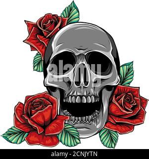 Totenkopf mit Blumen, mit Rosen. Zeichnen von Hand. Abbildung Stock Vektor