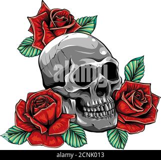 Totenkopf mit Blumen, mit Rosen. Zeichnen von Hand. Abbildung Stock Vektor