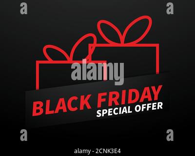 Sonderangebot „Schwarzer Freitag“. Die Konturen von roten Geschenkschachteln mit Schleifen auf schwarzem Hintergrund. Großer Verkauf. Design für Werbeartikel, Banner, Flyer und Stock Vektor