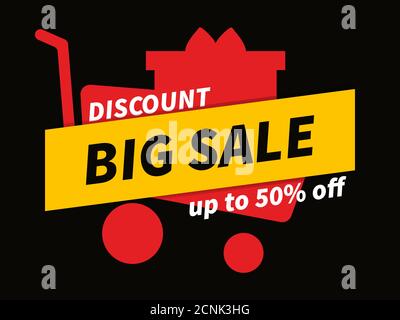 Black Friday, großer Verkauf bis zu 50% Rabatt. Warenkorb voller Boxen auf schwarzem Hintergrund. Design für Werbeartikel, Banner, Flyer und Geschenkkarten. V Stock Vektor